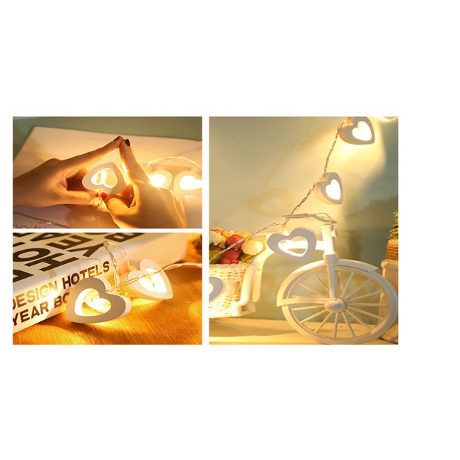 Dây Đèn Led Hình Trái Tim Gỗ 3 mét 20 Tim Màu Vàng Nắng Ấm Áp Trang trí
