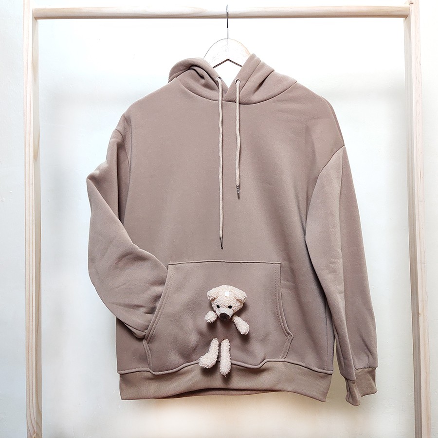 [Hoàn 30K Xu]  Áo Hoodie Lót Nỉ Trơn Gắn Gấu Teddy Form rộng Freesize cho Nam và Nữ