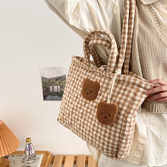 Cute bear handbag mother bag women's autumn and winter all-match large capacity shoulder bag plaid tote bag mother bag