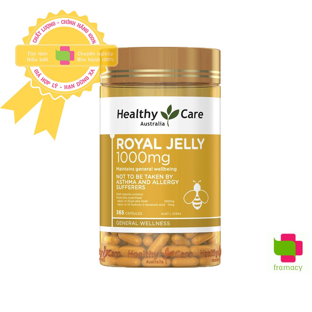 Sữa Ong Chúa Healthy Care Royal Jelly 1000mg, Úc (365 viên) làm đẹp da, cải thiện nội tiết, chống lão hóa