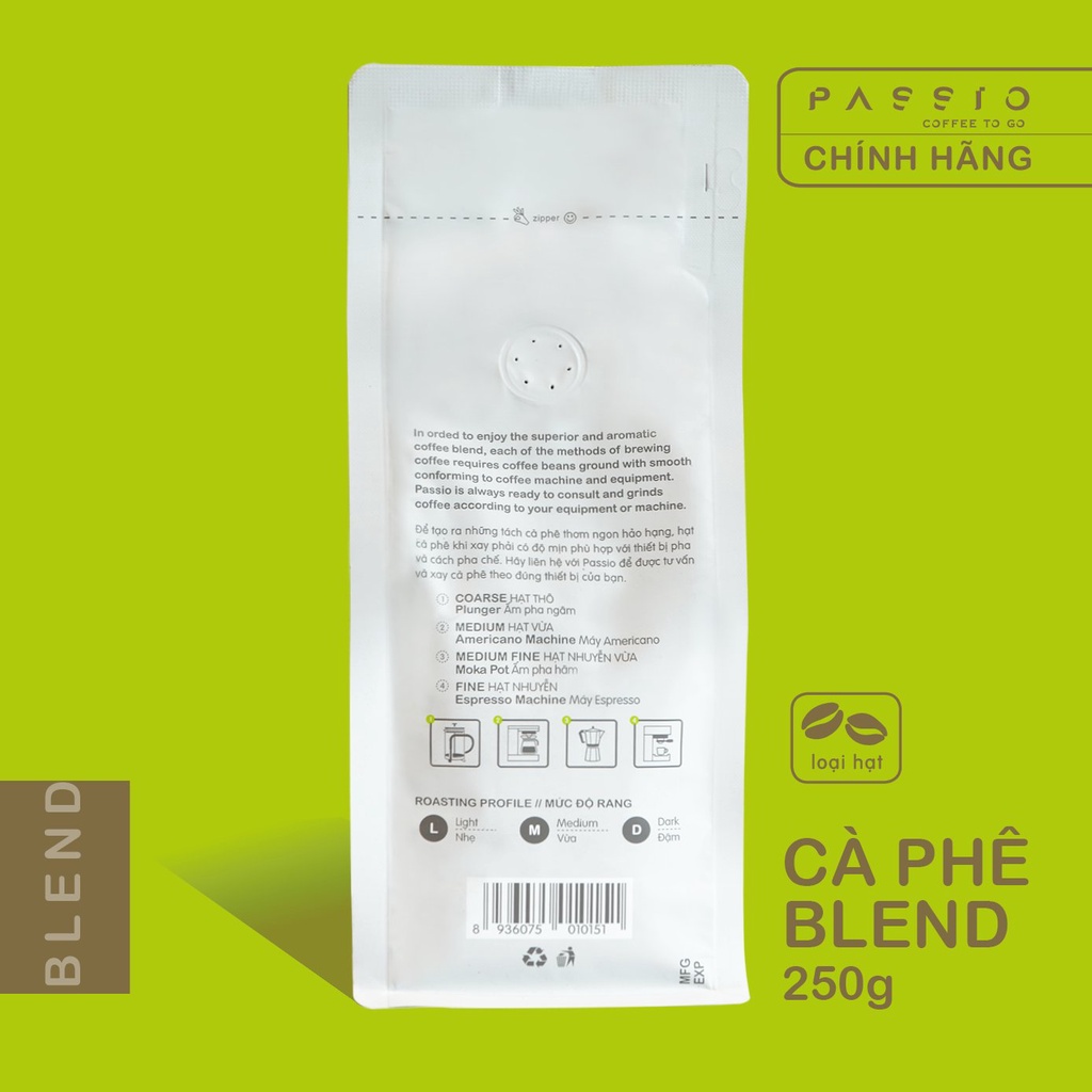 Cà phê Blend dạng Hạt nguyên chất 100% rang mộc - Passio Coffee