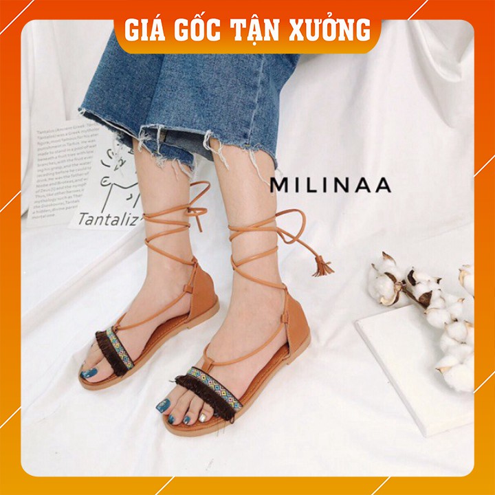 Giày sandal thổ cẩm buộc dây màu đen phong cách boho [HÀNG CÓ SẴN]