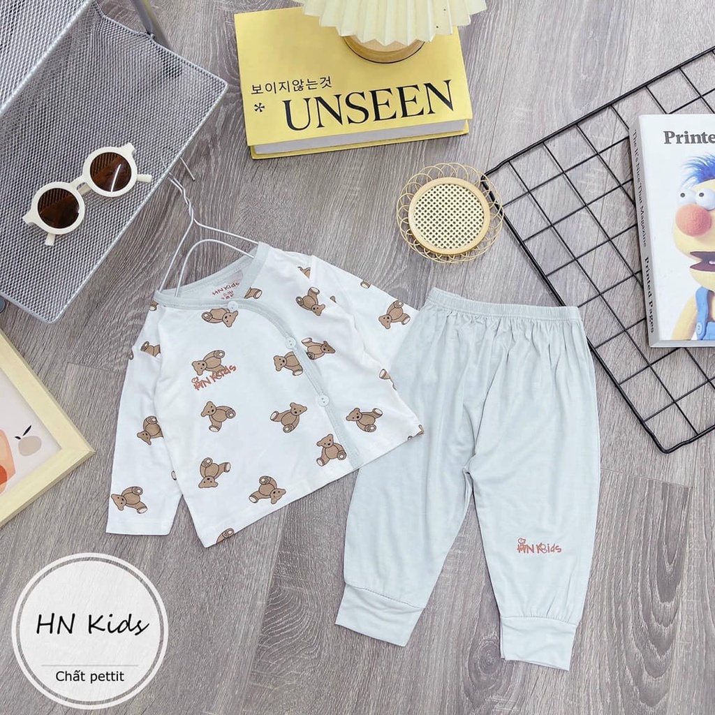 Bộ dài hnkids cúc chéo peptit áo trắng quần màu, bộ dài tay cúc chéo cho bé trai, bé gái