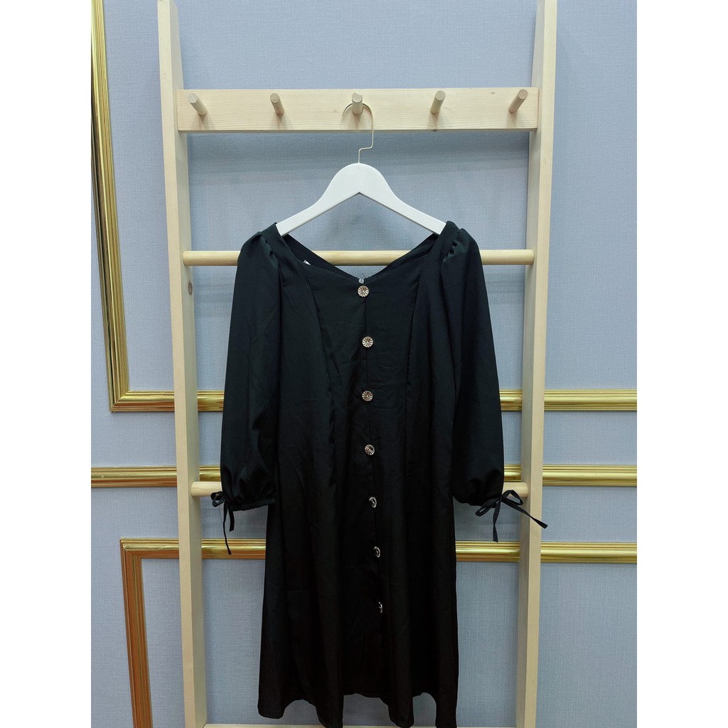 Đầm Nữ Đen Tay Phối Nơ Chất Đũi 🦋 Váy Nữ Dáng Lỡ Hàng Cúc Trước 🦋 | BigBuy360 - bigbuy360.vn