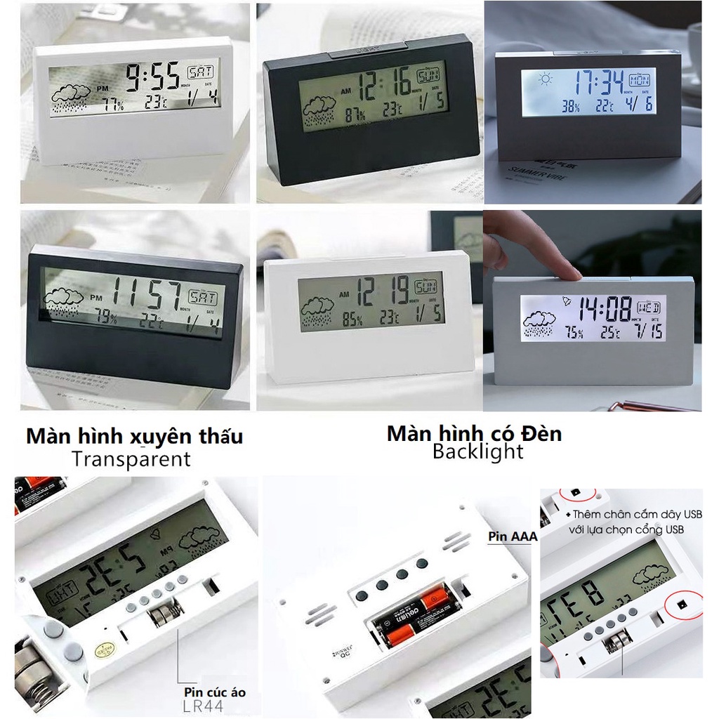 Đồng hồ để bàn báo thức màn hình LCD Xuyên Thấu Hiển thị Độ ẩm Nhiệt độ Thời tiết Thứ Ngày Tháng trang trí dễ thương