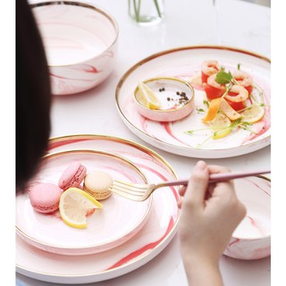 (được mua lẻ) Bộ chén đĩa vân đá loang hồng phong cách tối giản cực đẹp, cực sang