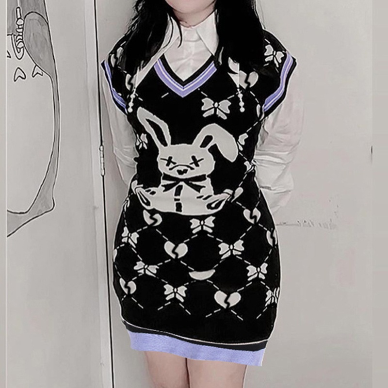 Áo Len Không Tay Cổ Chữ V In Họa Tiết Động Vật Dễ Thương Dành Cho Nữ