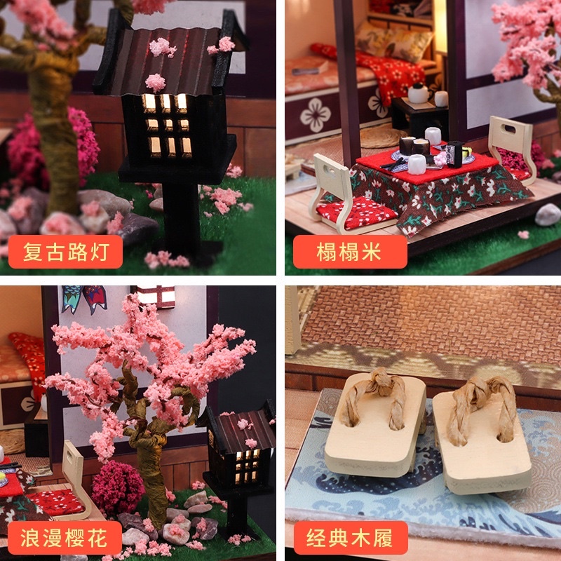 (Tặng mica,keo sữa,đèn)Mô hình gỗ bé tư lăp ráp diy doll house Nhà búp bê phong cách nhật bản VA0310