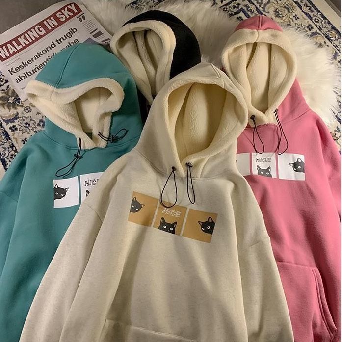 Áo hoodie form rộng dáng dài chùm mông mũ trắng Mew mew dày dặn