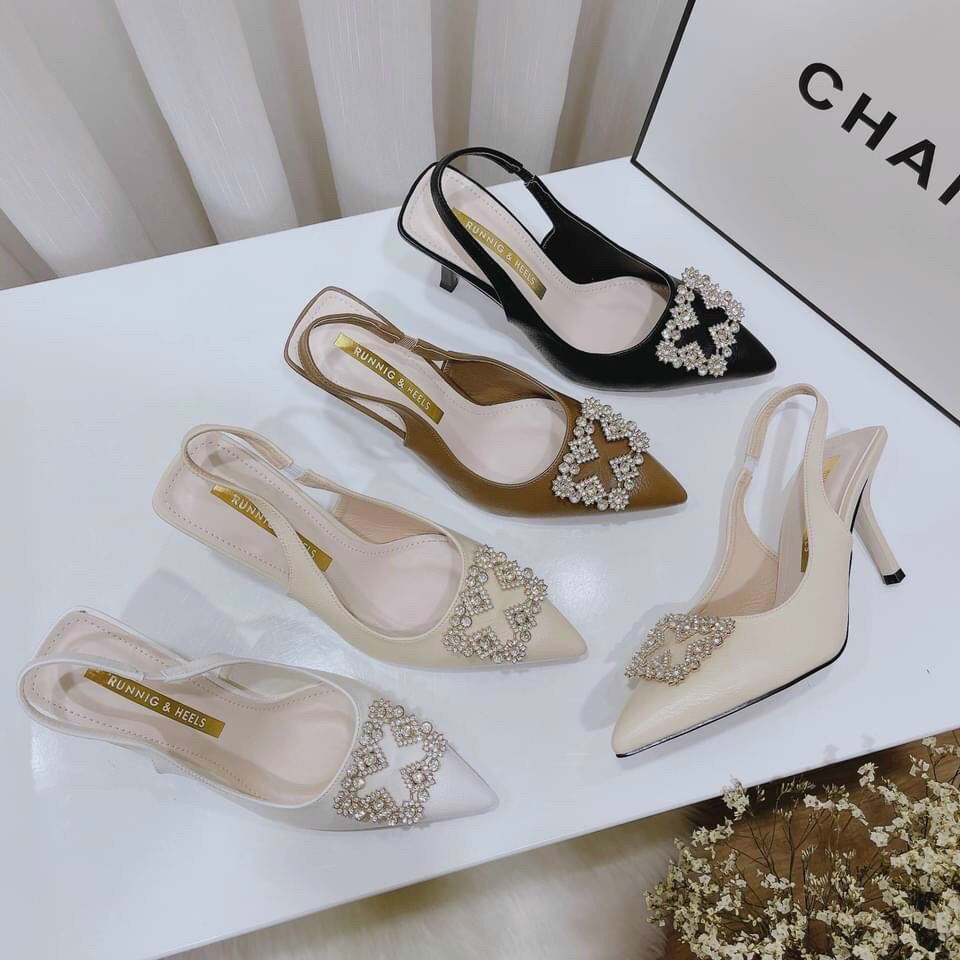 Giày cao gót nữ bít mũi Minhtuyetshoes-Giày búp bê nữ quai hậu gót nhọn đính đá mẫu mới hothit mã GDD2022