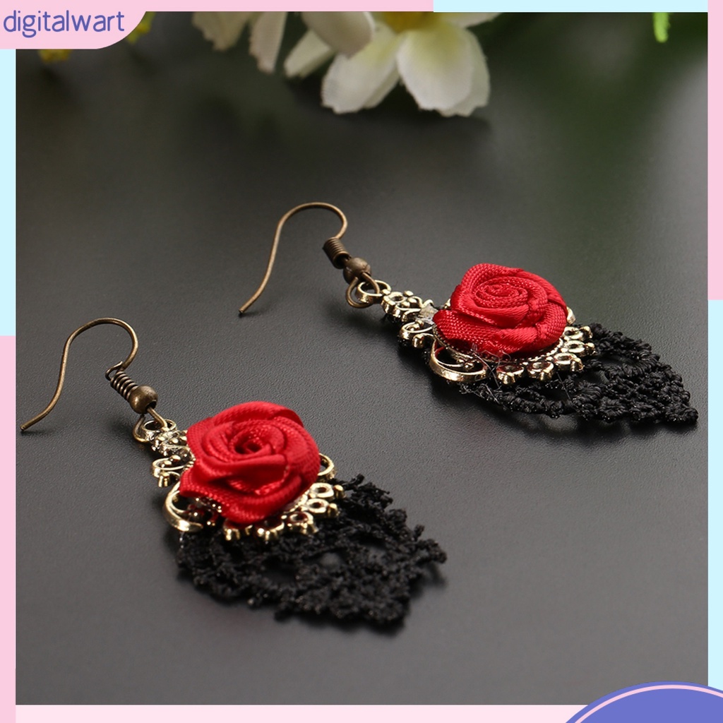 Cặp khuyên tai dáng dài phối ren đính hoa hồng sang trọng thanh lịch dành cho nữ