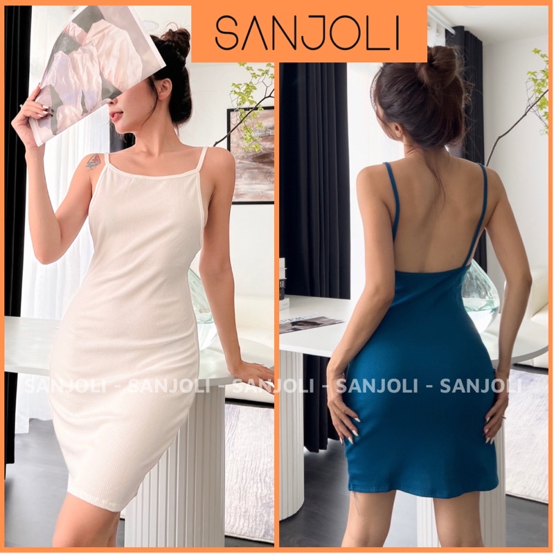 Đầm Body 2 Dây SANJOLI Váy Len Hai Dây Sợi Mảnh Thiết Kế Hở Lưng Sexy Đơn Giản Phù Hợp Đi Chơi Đi Tiệc VDE34