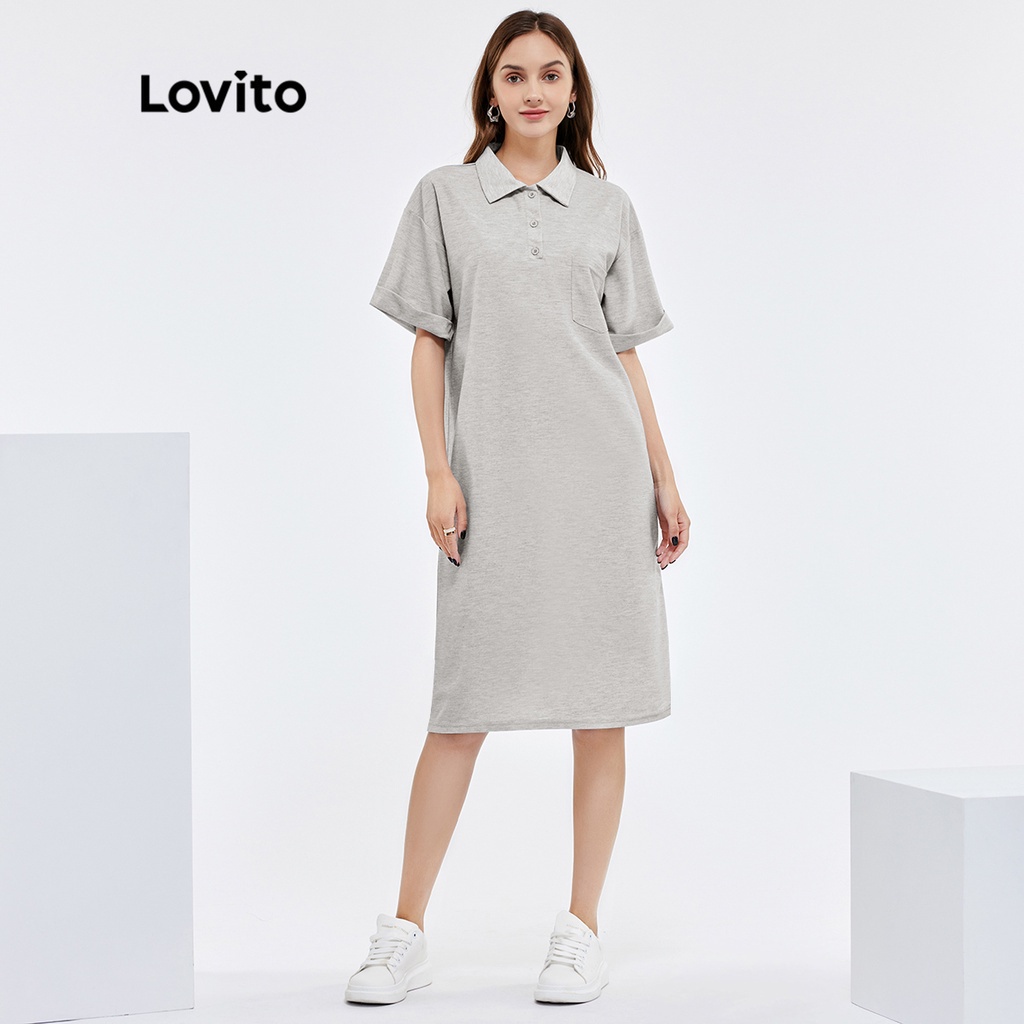 Đầm Lovito có cổ dệt kim có viền thun kiểu tay dài xoắn có túi màu trơn thường ngày L25AD070 (màu xám)