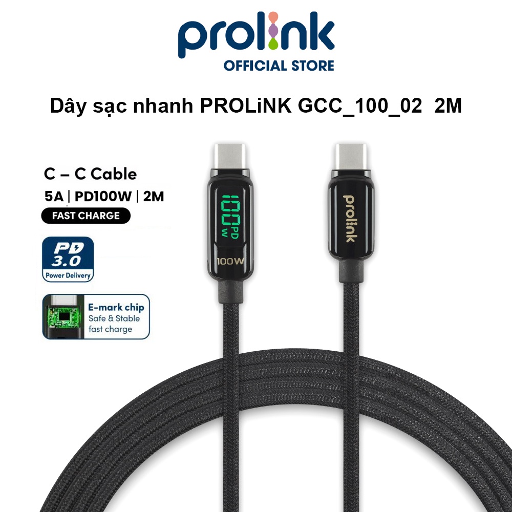 Dây sạc type C To C PROLiNK GCC_100_02 dài 2M, sạc siêu nhanh 100W, màn hình Led, dành cho Tablet, Macbook, Laptop