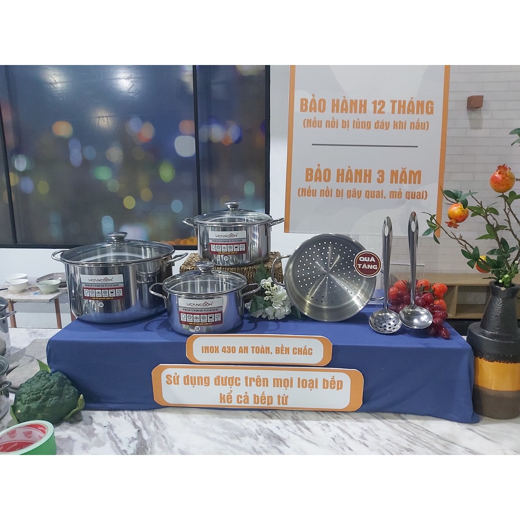Bộ Nồi Inox 3 Món (size 18, 20, 26) 3 lớp đáy + Xửng Hấp size 20 + 2 Vá Inox 07 UCANCOOK