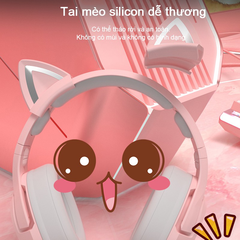 Tai nghe chơi game tai mèo ONIKUMA K9  hồng hiệu ứng âm thanh 7.1 với điện thoại máy tính xách tay giảm tiếng ồn