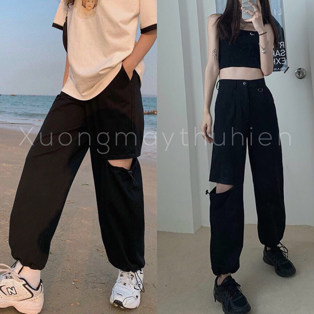 Quần suông nữ dáng jogger rách gối dây rút gấu thời trang ulzzang/ Quần ống rộng lưng cao siêu hàn quốc_xuongmaythuhien