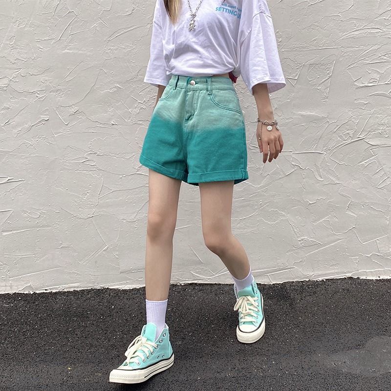 Quần Short Denim Gradient 165141 Quần Short Chữ a Lưng Cao Ống Rộng Màu Sắc Tương Phản Thời Trang Cho Nữ