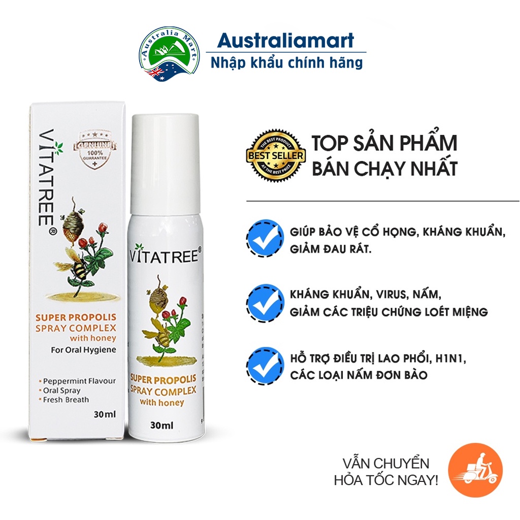 Xịt keo ong Vitatree Úc 30ml giúp giảm ho đau rát họng cho trẻ trên 2 tuổi