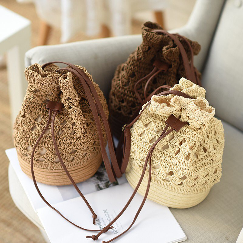 Túi cói Bucket Hồ lô dây rút - phong cách Boho
