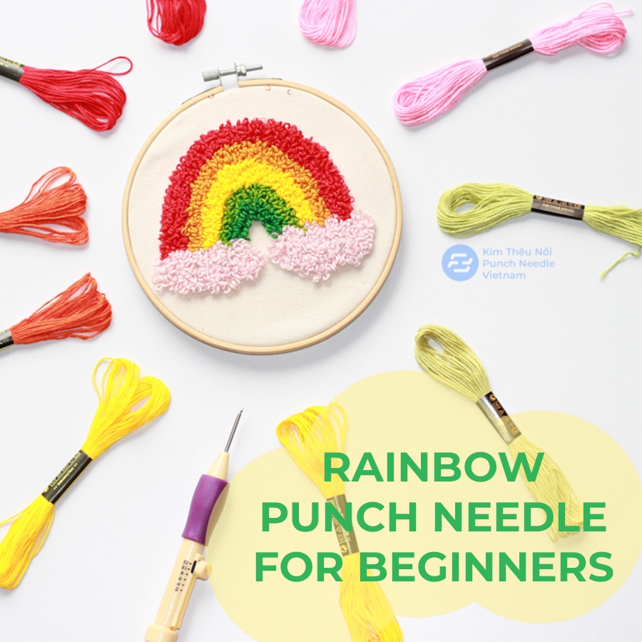 Kim Thêu Nổi Thêu Xù Punch Needle Set Cầu Vồng Dùng Len Đan Móc và Chỉ Thêu Đầy Đủ Dụng Cụ Cho Người Mới Bắt Đầu