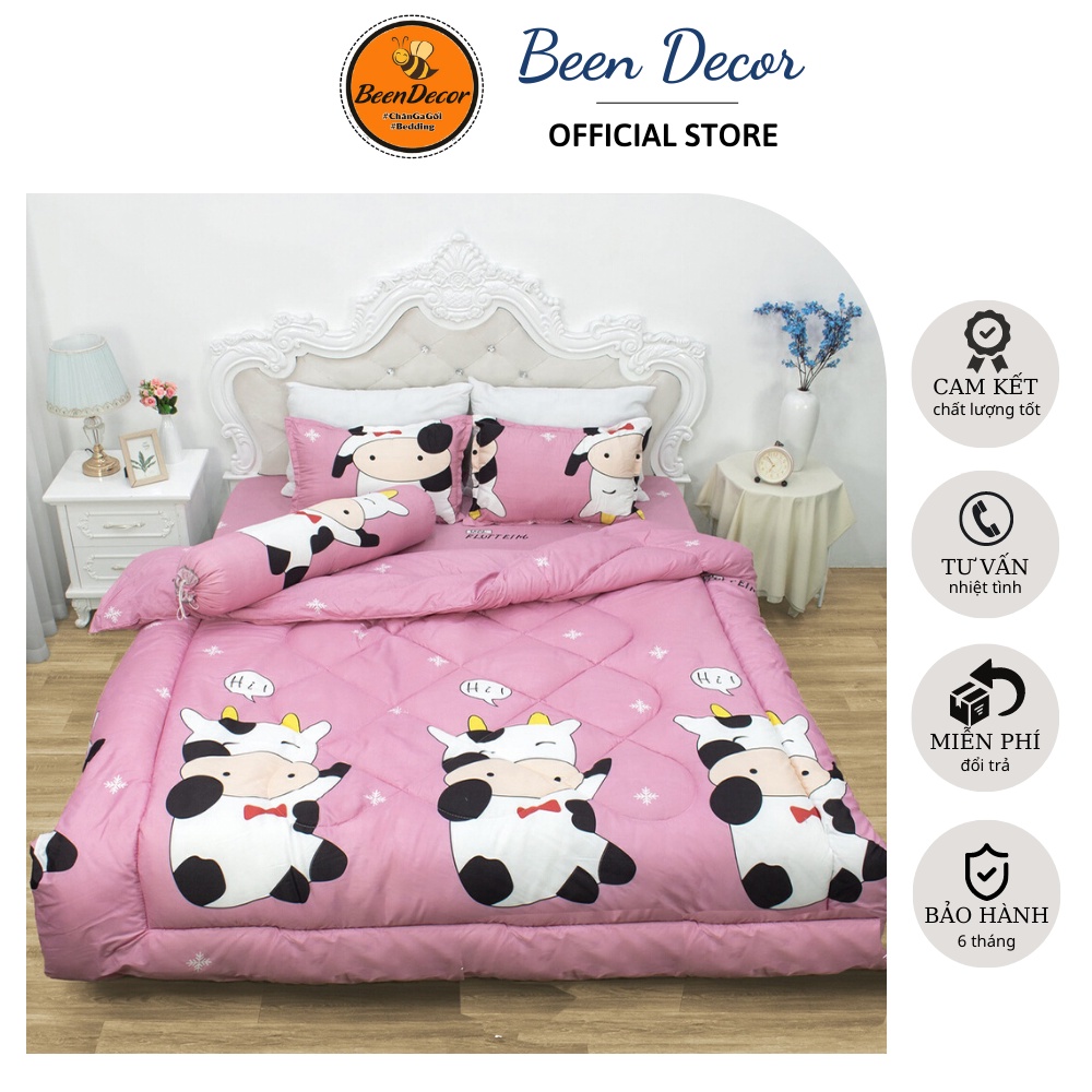 [ Chăn Phao Gấu Vàng ] Set Bộ 5 Chăn Phao Ga Gối poly cotton HEO HỒNG [ Chăn phao + Ga chun + 2 Vỏ gối nằm + Vỏ gối ôm ]