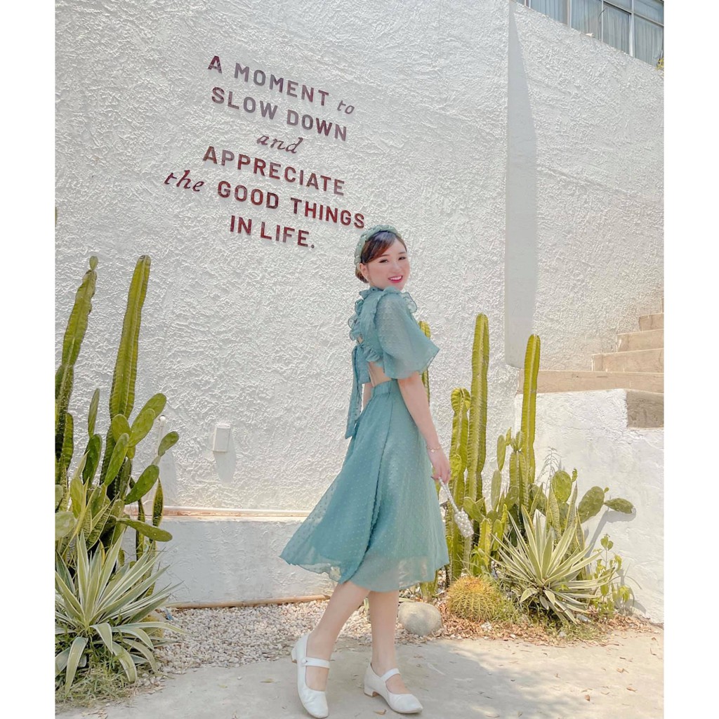 ĐẦM BI REN NỔI CỘT NƠ LƯNG XANH - VÀNG | BigBuy360 - bigbuy360.vn