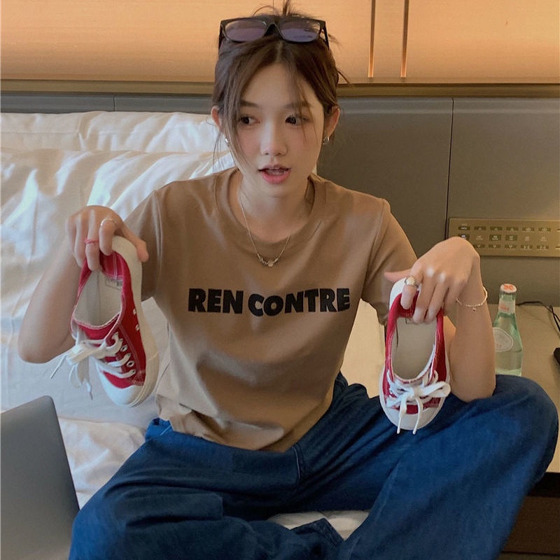 Áo thun IELGY tay ngắn dáng rộng in chữ thời trang năng động cho nữ