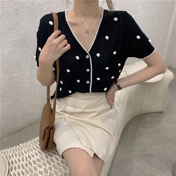 Áo cardigan ZHELIHANGFEI dệt kim tay ngắn cổ chữ V màu đen họa tiết chấm bi xinh xắn thời trang