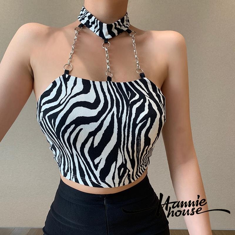 ❥Only➢Women Zebra Print Chains Hanging Neck Backless Tube Tops | BigBuy360 - bigbuy360.vn