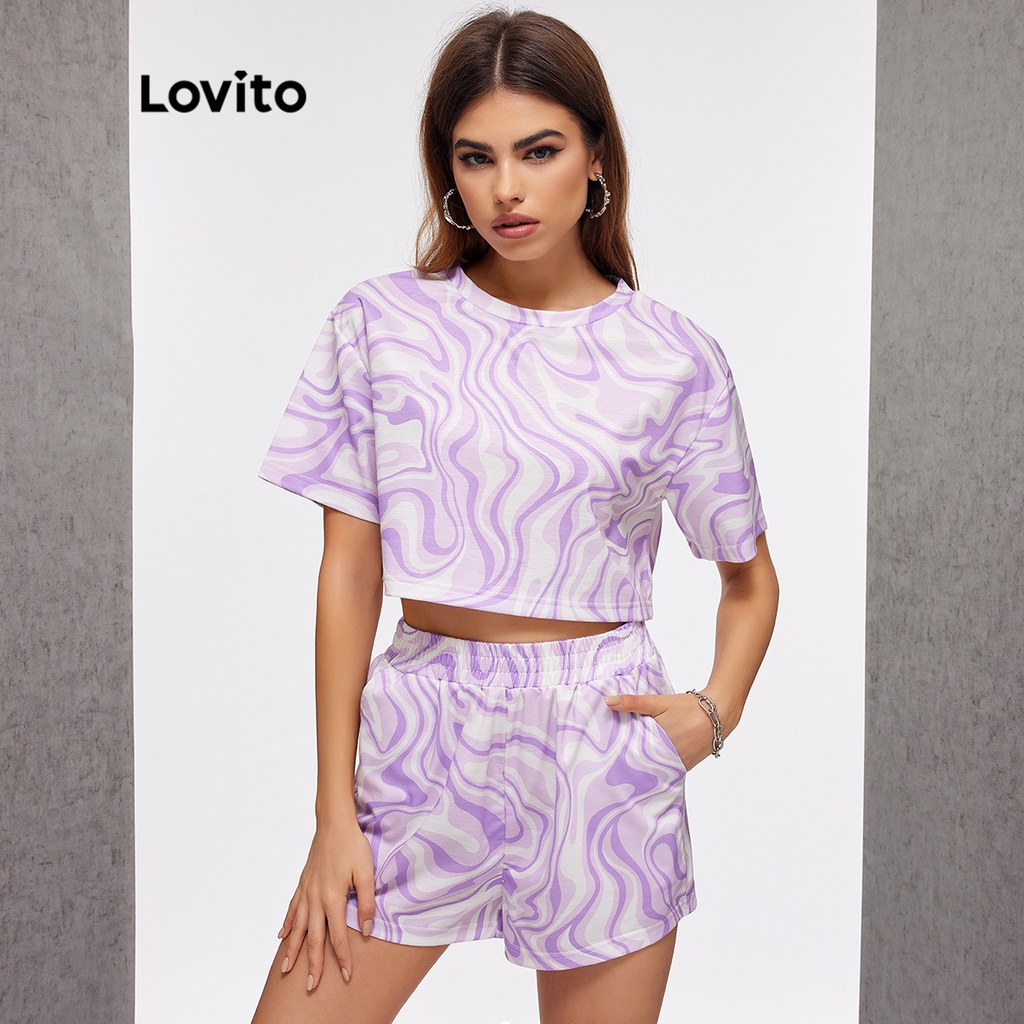 Lovito Bộ Áo Ngắn Tay Cổ Tròn Nhuộm Màu Loang L20D1403