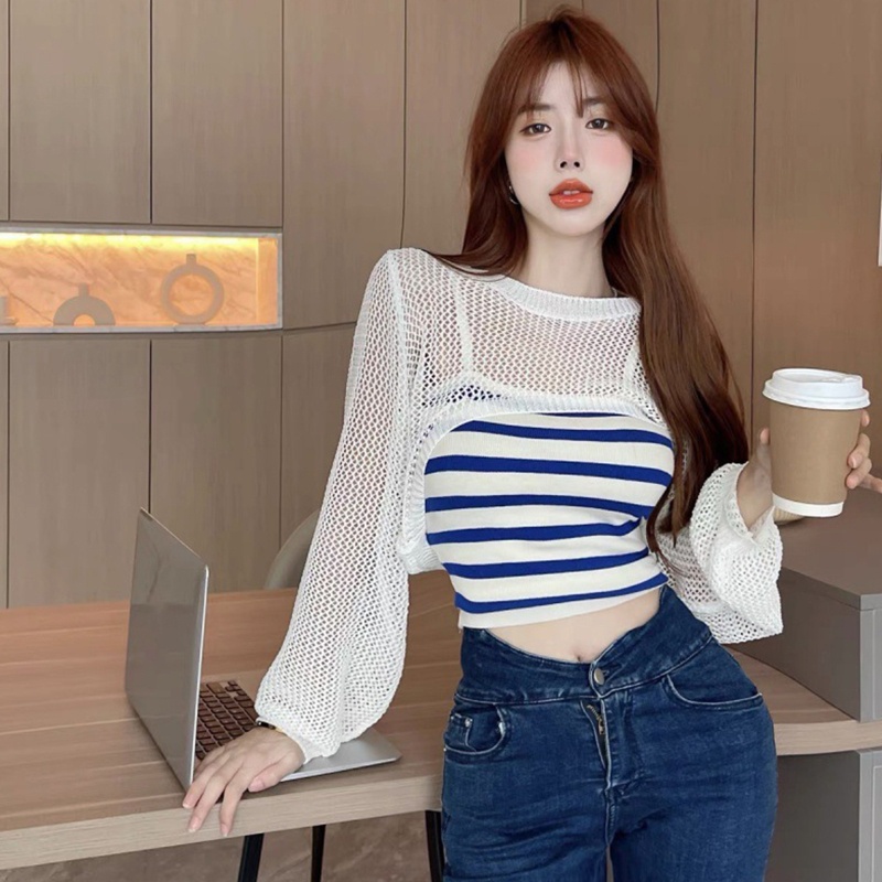 Set Áo Croptop Tay Dài Chống Nắng Phối Lưới Và Áo Hai Dây Gợi Cảm Cho Nữ