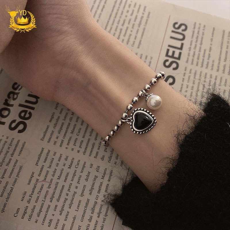 Vòng Tay Chuỗi Hạt Ngọc Trai Mặt Trái Tim Màu Đen Đơn Giản Thời Trang Cho Nữ CFH HB