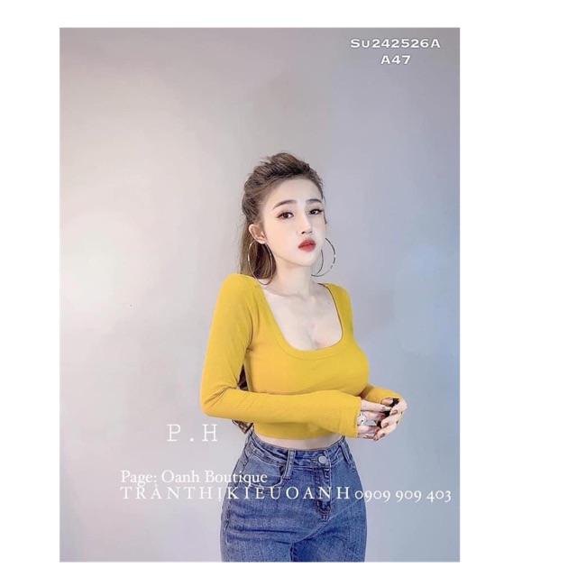 Áo croptop cổ vuông tay dài