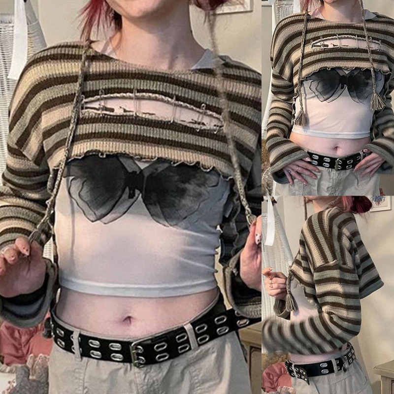 Áo Croptop Dệt Kim Tay Dài Dáng Rộng Chống Nắng Thời Trang Cho Nữ Sự Bảo Vệ