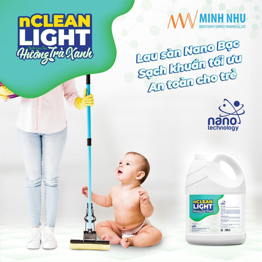 Nước lau sàn diệt khuẩn Nano bạc nClean Light - can 5 lít, hương trà xanh dịu nhẹ, lau xong không tanh, an toàn cho trẻ