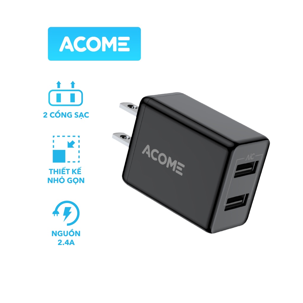 Cốc Sạc Nhanh 2.4A ACOME AC03U - 2 Cổng USB-A