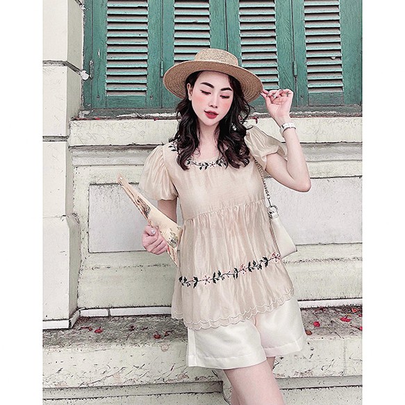 Set áo peplum voan thêu hoa tay ngắn phồng, quần short 2 túi 0SET.00569