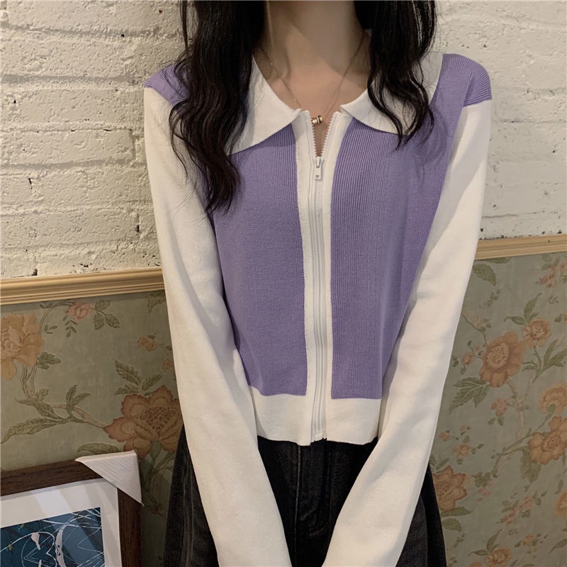 Áo Khoác cardigan Dệt Kim Tay Dài Có Khóa Kéo Màu Sắc Tương Phản Phong Cách Hàn Quốc Thời Trang Cho
