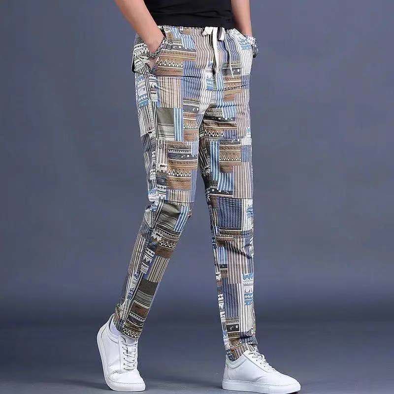Korean fashion Decor versatile pants summer new Plaid casual pants men's slim little foot printed Sweatpants