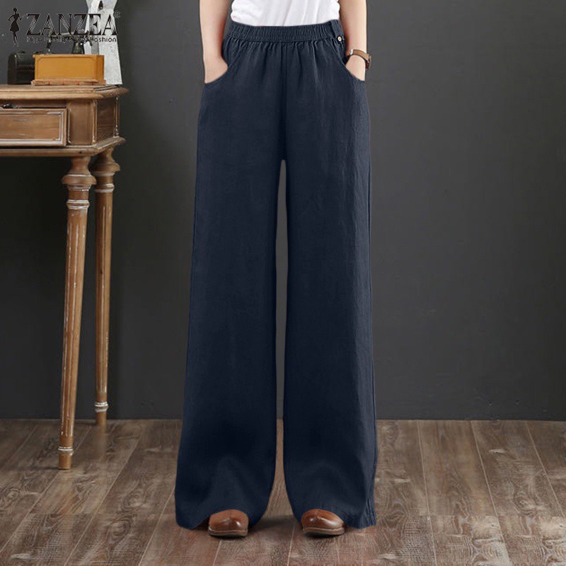 Quần ZANZEA cotton eo co giãn màu trơn ống rộng thời trang đơn giản thanh lịch cho nữ