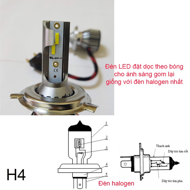 Bộ 2 đèn pha, cos cho ô tô, dạng Led, chân cắm H4