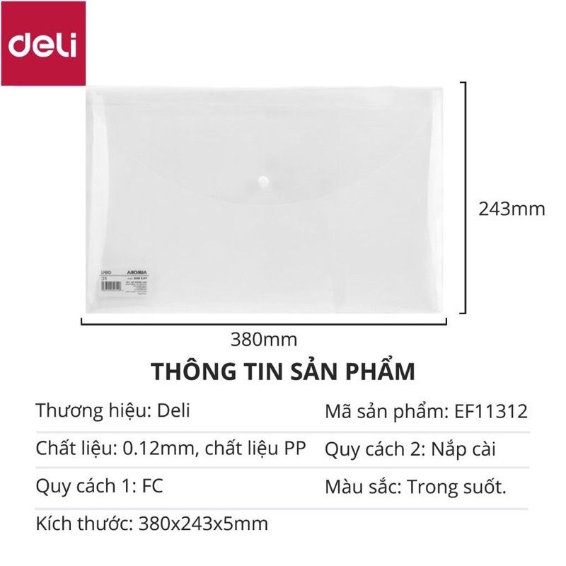 Túi cúc Deli trong suốt đựng tài liệu có khuy Clear khổ A4