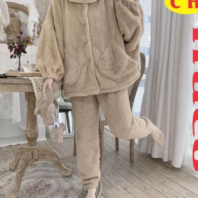 Bộ đồ ngủ mùa đông lông cừu giữ nhiệt tốt, nhung bông mềm mịn bộ lông cho nữ siêu ấm, bộ mặc nhà freesize❤