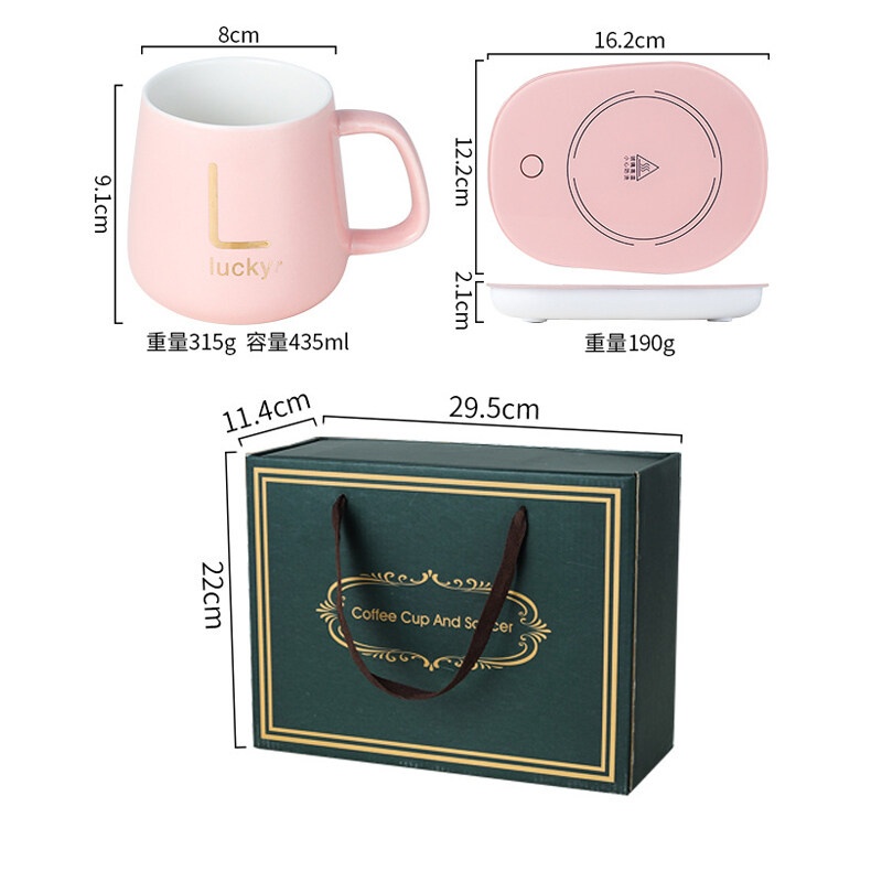 Cốc sứ hâm nóng đồ uống EKEZ kèm đế điện cho trà/cafe/sữa + thìa vàng/hộp thiết kế sang trọng
