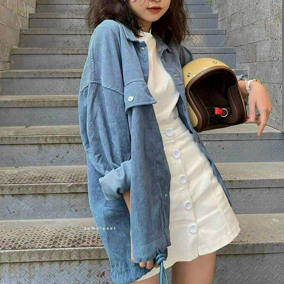 Áo Khoác Sơ Mi Nhung Có Túi Trước Form Rộng Phong Cách Hàn Quốc - La mode