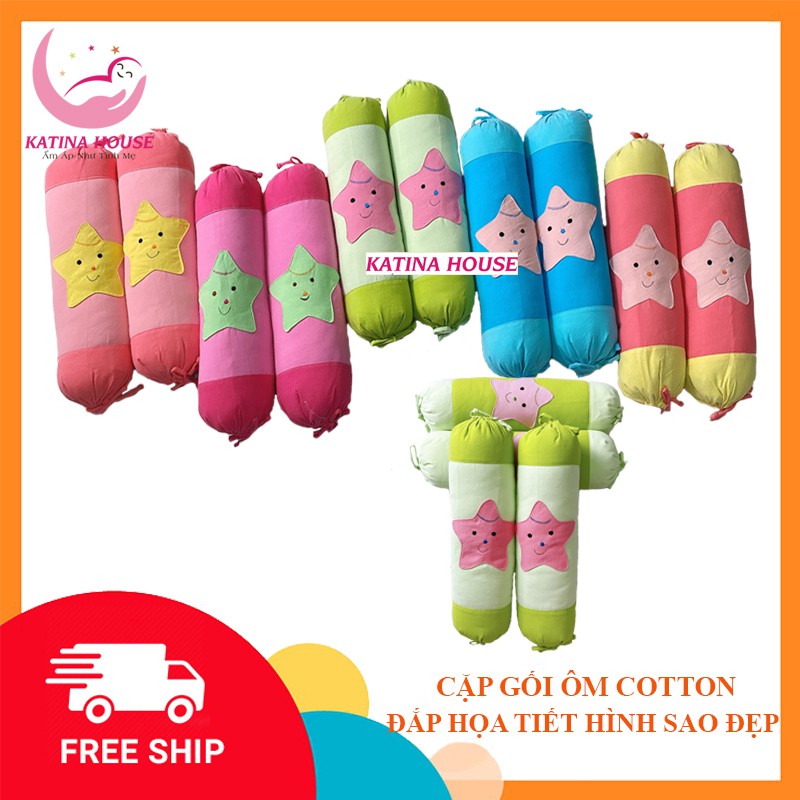 Cặp gối ôm trẻ em 50cm, vải cotton cara đắp hình sao nhiều màu dễ thương, gối êm ái mềm mại phù hợp cho bé dưới 1 tuổi