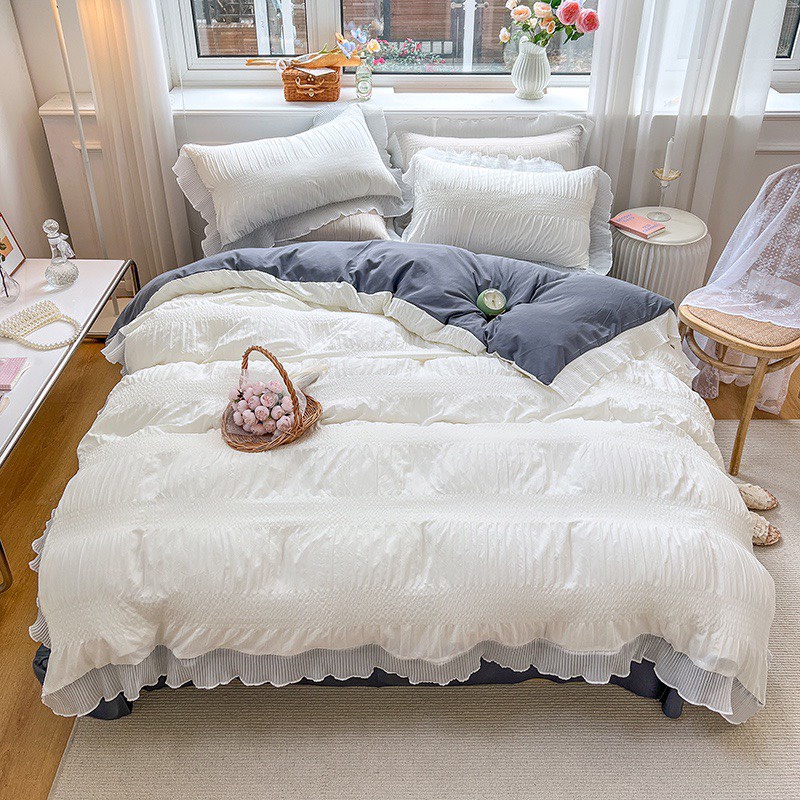 Bộ chăn ga gối cotton đũi dúm viền bèo xinh xắn nhập khẩu cao cấp, ga gối cotton đũi mềm mát thấm hút mồ hôi