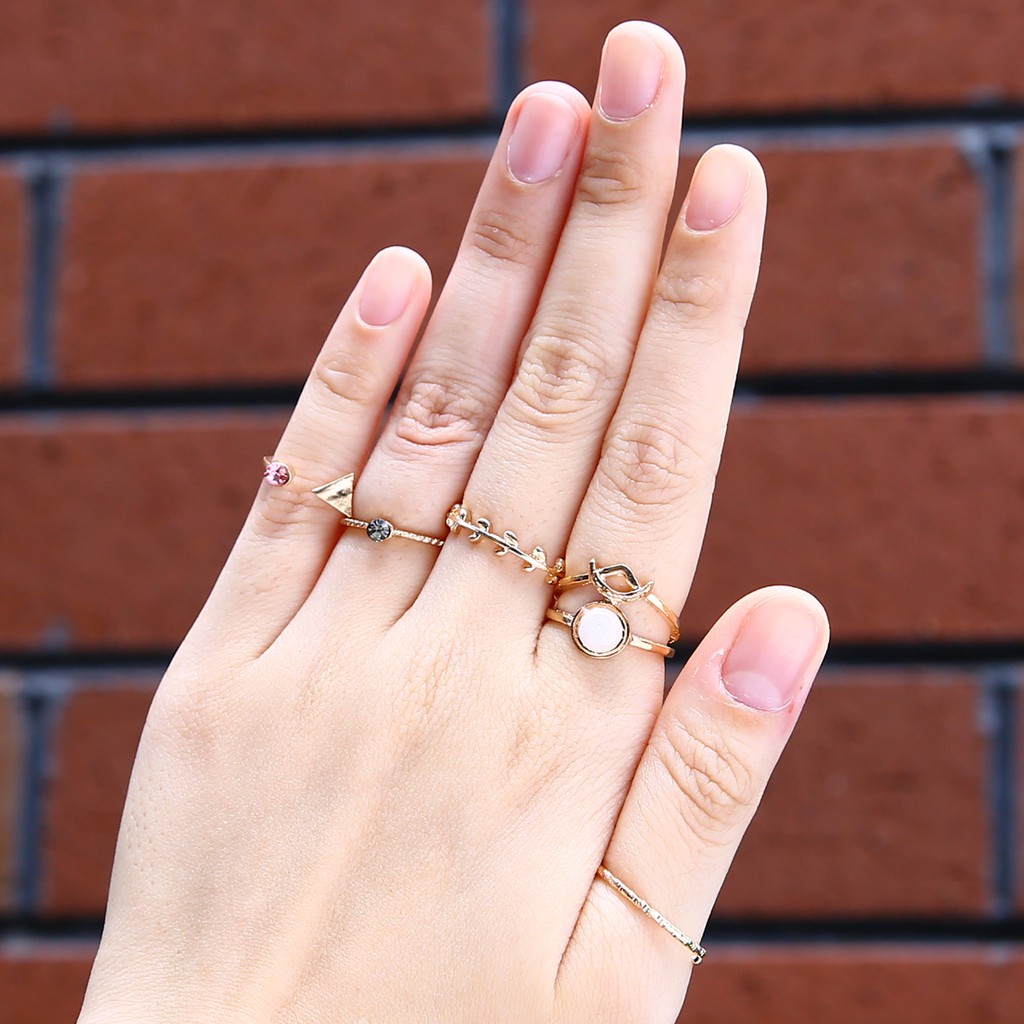Bộ 5 Nhẫn Midi Hình Chiếc Lá Đính Đá Opal Cho Phái Nữ
