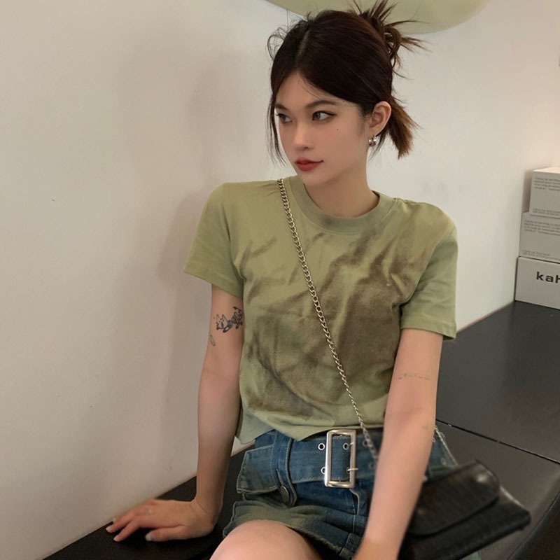 Áo Thun Croptop Cổ Tròn Dáng Ôm Phong Cách Retro Hàn Quốc Cho Nữ